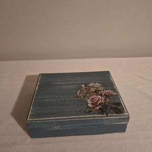 Blue Wooden Box with Floral Design
